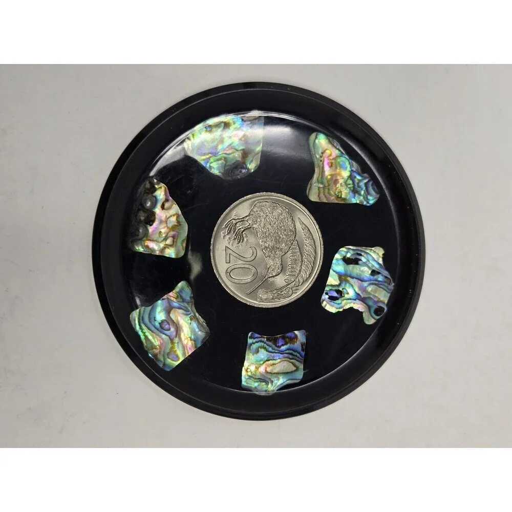 VINTAGE DRINK COASTER SET OF 6 NEW ZEALAND PAUA SHELL & COINS MONEY COLLECTIBLE
